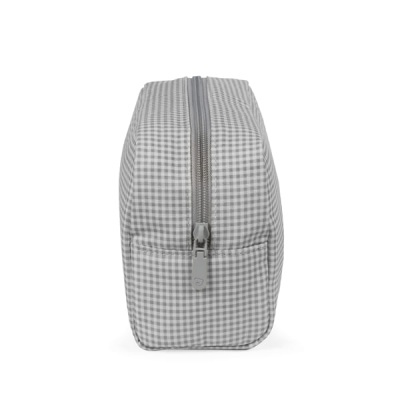 Necessaire retangular cinza e branco com fecho