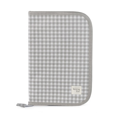 Pasta xadrez cinza e branco com fecho e etiqueta Walking mill