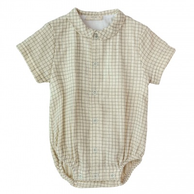 Body de bebé com padrão quadrados creme e castanho claro, manga curta e botões