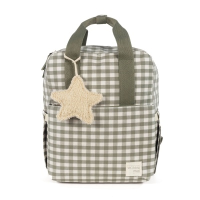 Mochila xadrez verde e branco com pendente estrela de felpa