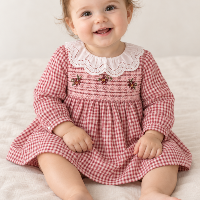 Bebé sorridente com vestido cor-de-rosa de xadrez e gola branca bordada sentada.