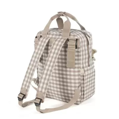 Mochila xadrez bege e branco com alças ajustáveis