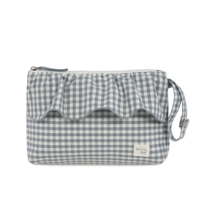 Bolsa xadrez cinza e branco com babados e alça lateral