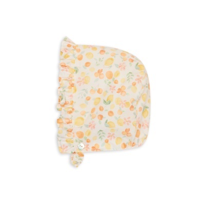 Chapéu para bebé com padrão de frutos e folho na borda