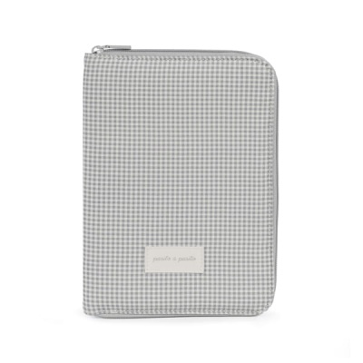 Estojo organizador xadrez cinzento e branco com fecho e etiqueta frontal