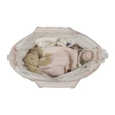 Bolsa para bebé com fralda, escova, brinquedo de coelho em tecido rosa e frasco com tampa rosa