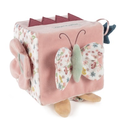 Cubo de peluche com borboleta estampada a flores e flores em tecido macio