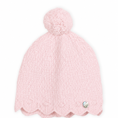 Gorro de malha rosa com pompom e borda ondulada