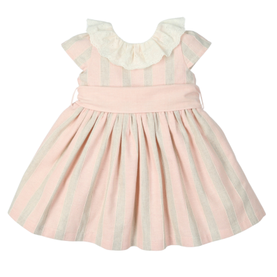 Vestido infantil às riscas rosa e cinzento com gola branca e faixa na cintura