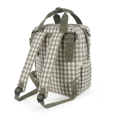 Mochila quadrada xadrez verde e branco com alças ajustáveis e fecho de zíper