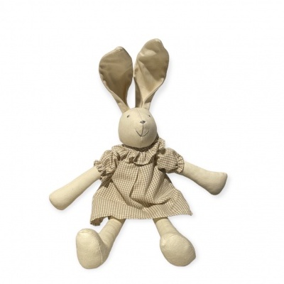 Boneco de peluche coelho com vestido bege xadrez