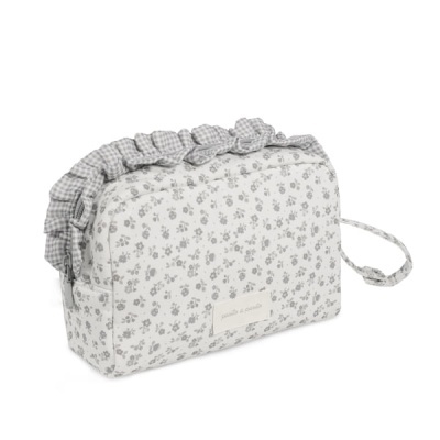 Bolsa de tecido com padrão floral cinzento e folhos aos quadrados