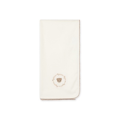 Manta creme com bordado de urso e borda decorativa castanha