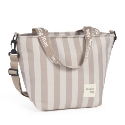 Mala tote riscas bege e branco com alças com inscrições Walking Mum