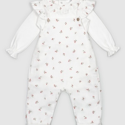 Macacão de bebé branco com padrão floral e folhos