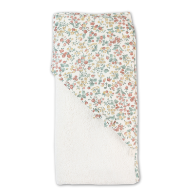 Toalha branca com padrão floral numa das pontas