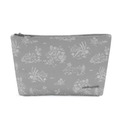 Bolsa cinzenta com padrão branco floral e fecho de correr