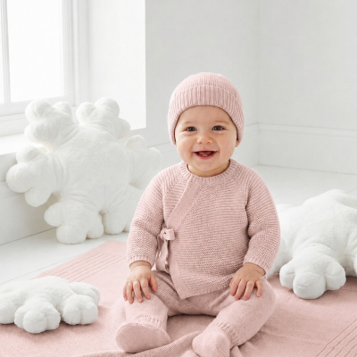Bebé com roupa de malha rosa sentado em manta rosa com almofadas brancas em forma de flocos de neve