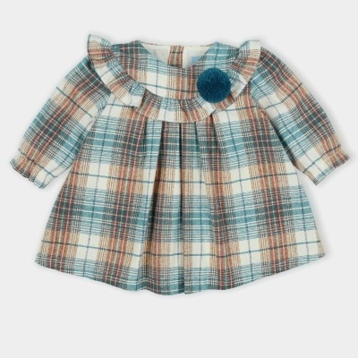 Vestido de bebé aos quadrados com pompom azul