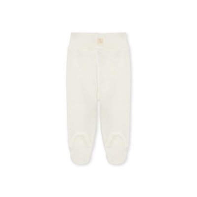 Leggings de bebé em tecido branco com pé e cinto largo.