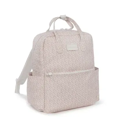 Mochila bege claro com padrão floral rosa e alças ajustáveis