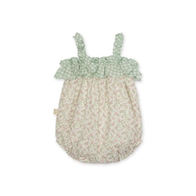 Macacão de bebé floral com babado xadrez verde claro