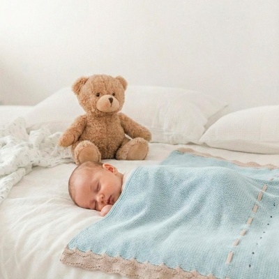 Bebé adormecido coberto por cobertor azul com urso de peluche castanho na cama branca.