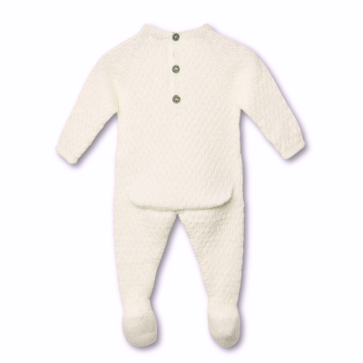 Conjunto de bebé em malha creme com botões e pezinhos