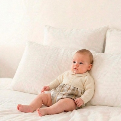 Bebé com roupa creme sentada em cama branca com almofadas