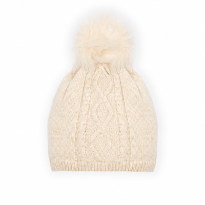 Gorro bege claro com pompom de pelo