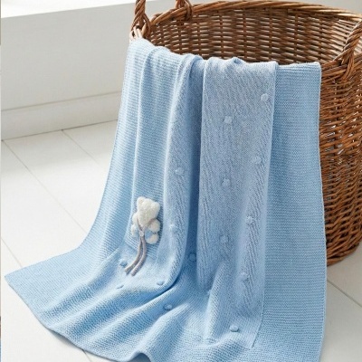 Manta tricotada azul clara com ursinho em cesta de verga