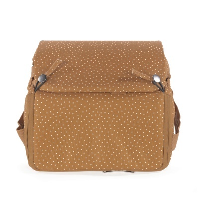 Mala castanha com padrão de pontos brancos e fecho com botões