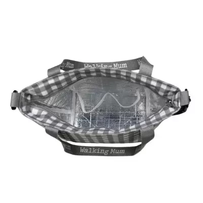 Bolsa térmica padrão quadrados cinza e branco com alças 'Walking Mum' e interior isolado