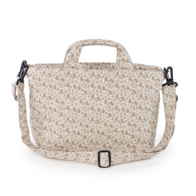 Bolsa em tecido bege com padrão floral castanho e alça ajustável