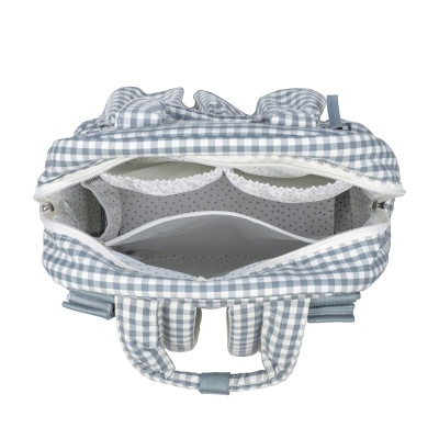 Mala de maternidade xadrez azul e branco com interior de bolsos e divisórias