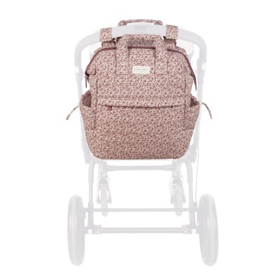 Mochila floral rosa e bege para carrinho de bebé com alças de fixação