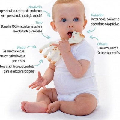 Bebé a segurar e morder brinquedo de borracha natural com manchas castanhas e orelhas vermelhas