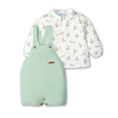 Conjunto bebé camisola branca com coelhinhos e jardineira verde-menta em malha