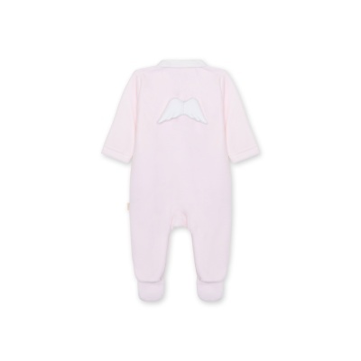Pijama rosa claro para bebé com asas brancas bordadas nas costas