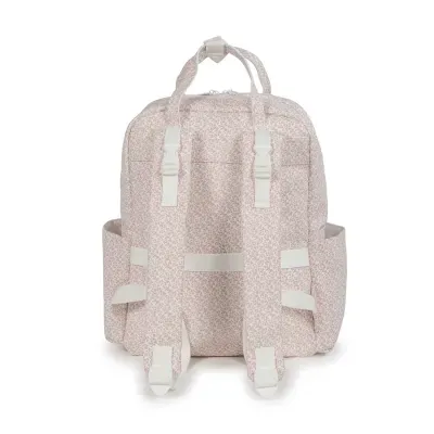 Mochila floral rosa com alças brancas vista de costas