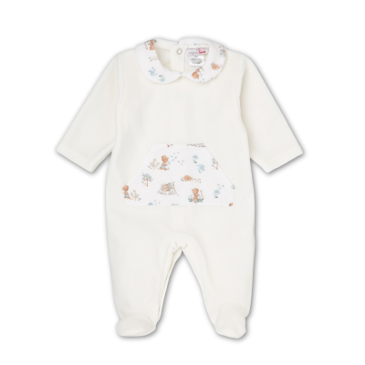 Babygrow branco com gola e bolso estampados de animais em tons pastel