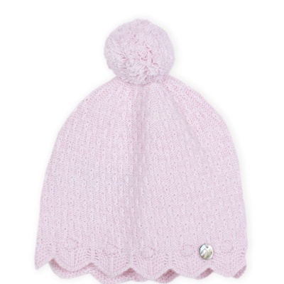 Gorro cor-de-rosa claro com pompom e botão prateado na borda