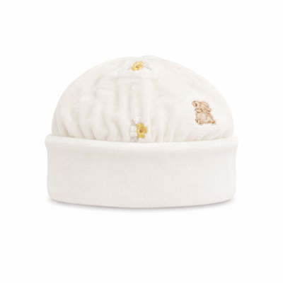 Gorro de bebé branco com bordados de flores e coelho