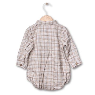Body de bebé xadrez bege e branco com gola e botões