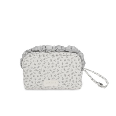 Necessaire retangular cinza claro com padrão floral e babados xadrez