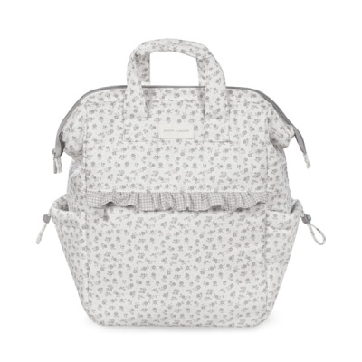 Mochila branca com padrão de flores cinzentas e bolso frontal com folho xadrez
