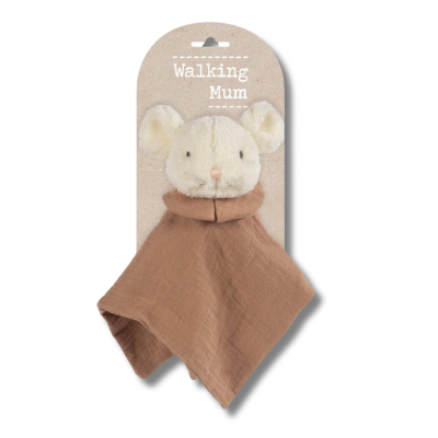 Boneco de peluche cabeça de rato creme com tecido castanho e cartão com texto