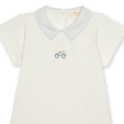 Body branco para bebé com gola às riscas e bordado de carrinho azul