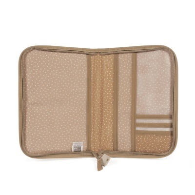 Estojo organizador bege com zíper e padrão de pontos brancos aberto.