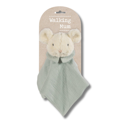 Produto tecido para bebé em forma de rato com pano verde água embalado